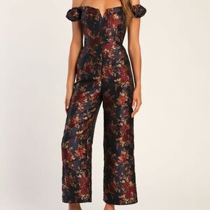 Lulus New Glam Midnight Blue Floral Jacquard Off-the-shoulder Jumpsuit - Size S
